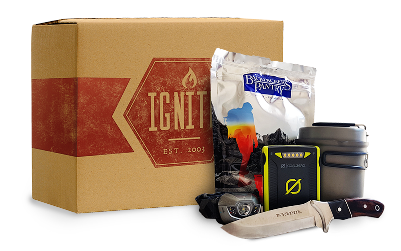 Ignite gear icnludnig a GoalZero battery pack, Primus TriTech kettle, Winchester knife, black diamond headlamp, and Backpacker's pantry dehydrated food